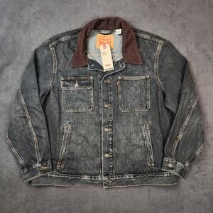 Levis Denim Stock Trucker Jacket Mens XL Black Button Up Corduroy Collar Classic